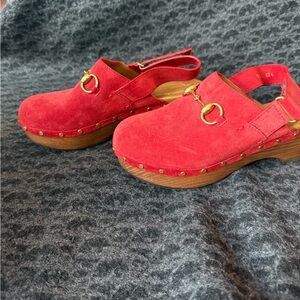 Gucci Red Suede Mules with Gold Accents